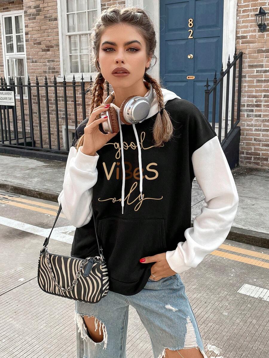 SHEIN Unity Đồ họa Chữ cái Túi kangaroo Thả vai Dây rút Hoodie - màu đen - Xem 1
