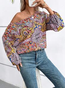 SHEIN VCAY 佩斯利印花不對稱領燈籠袖襯衫 - 橘色 - 查看 5