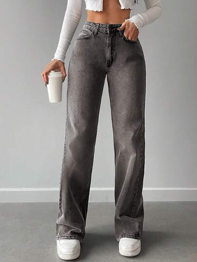 Solid Straight Leg Jeans