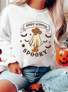 SHEIN EZwear Letter & Cartoon Graphic Drop Shoulder Thermal Sweatshirt - White - View 1