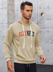 Manfinity Sport Corelite 男士字母图案袋鼠口袋抽绳运动卫衣 - 杏色 - 查看 1