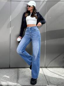 RueChic Blugi drepti de damă - Spălare întunecată - Vizualizare 1