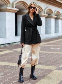 RueChic Lapel Neck Double Breasted Belted Overcoat - Black - View 4