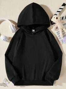 SHEIN Tween Girl Bear & Slogan Graphic Sweatshirt - Black - View 2