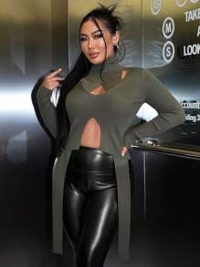 SHEIN SXY Cut Out Asymmetrical Hem Mock Neck Sweater - Army Green - View 3