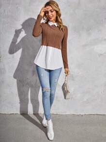 SHEIN Clasi Hai âm 2 trong1 Áo Peplum - màu nâu - Xem 5