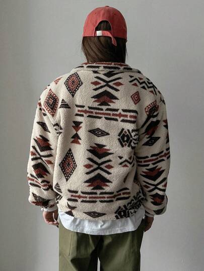 DAZY Sudadera con estampado geométrico de hombros caídos bajo con cordón teddy