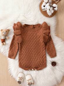 Baby Girl Ruffle Trim Keyhole Back Knit Bodysuit - Brown - View 1