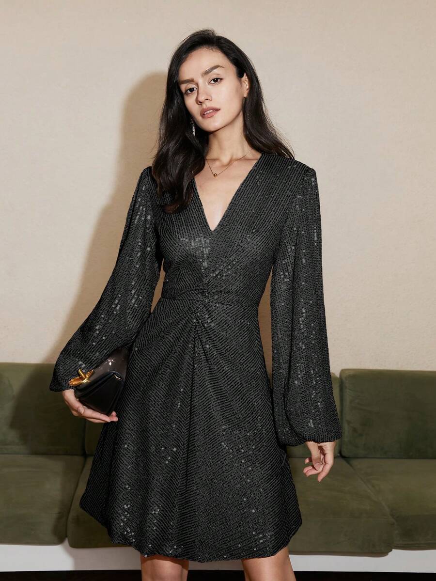 Lantern Sleeve Ruched Sequin Dress - Black - View 1