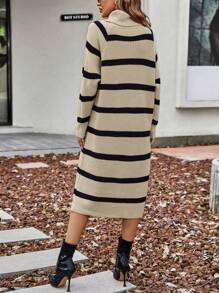 SHEIN LUNE Striped Pattern Turtleneck Drop Shoulder Sweater Dress - Multicolor - View 2