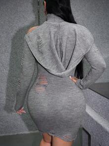 SHEIN SXY Cut Out Shoulder Hooded Bodycon Sweater Dress - Grey - View 2