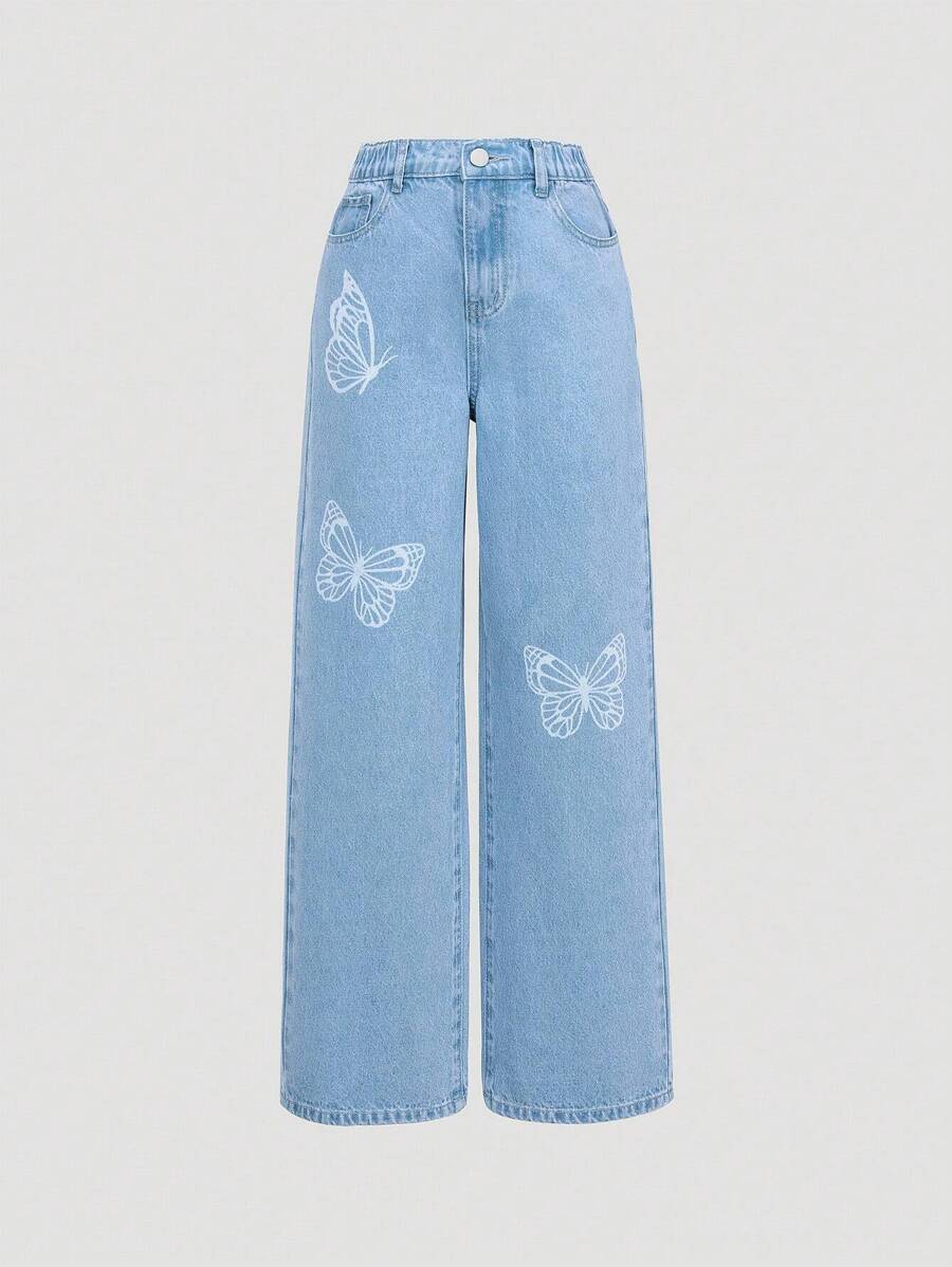 SHEIN Tween 女童蝴蝶印花街头风格休闲宽松直筒牛仔裤 - 中等水洗藍 - 查看 1