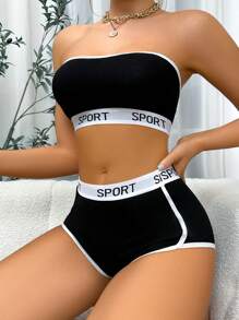 Letter Graphic Contrast Binding Bandeau Lingerie Set, Bra & Panty Set