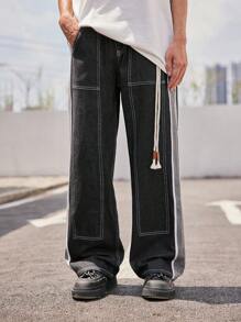 INFLATION Quần Jeans Nam Dây kéo Túi Sọc bên Khối Màu - màu đen - Xem 3