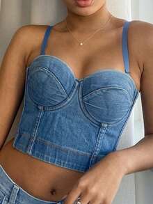 Bustier Crop Denim Cami Top - Light Wash - View 4