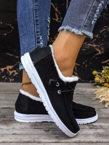 女式休閒戶外天鵝絨材質繫帶平底鞋黑色保暖襯裡 - 黑色 - 查看 3