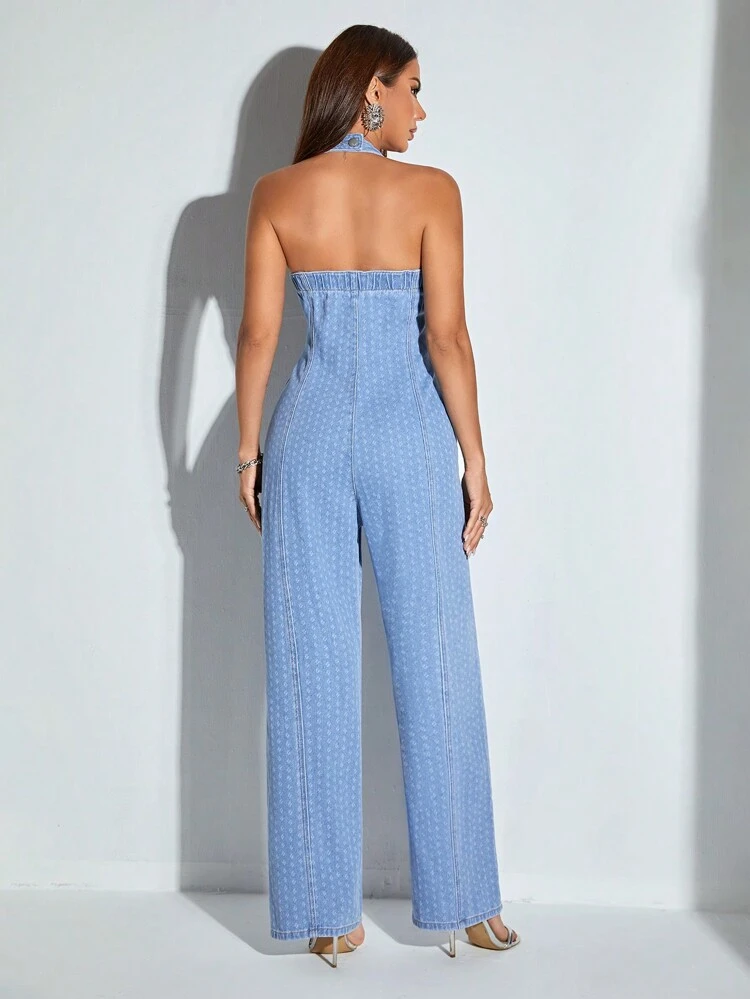 Button Front Backless Halter Neck Denim Jumpsuit
