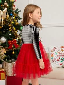 SHEIN Young Girl Knitted Striped Christmas Pattern Patchwork Woven Mesh Dress - Mommy And Me Matching Outfits, 2 Pieces Sold Separately - Multicolor - View 4