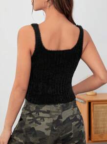 SHEIN EZwear 拉鏈開襟短款絨毛針織上衣 - 黑色 - 查看 2