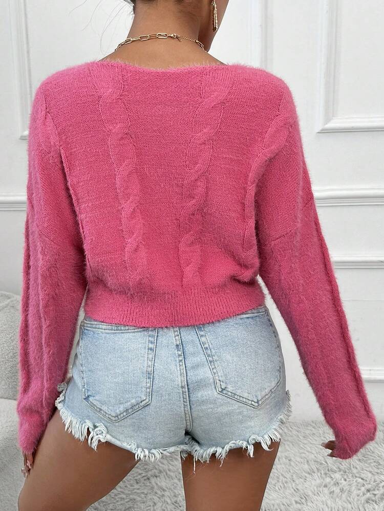 Solid Drop Shoulder Cable Knit Pullover Fall Winter Sweater