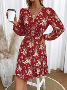 Breezaya In hoa Tay áo lồng đèn Xù Hoa Sen Đầm - Đỏ - Xem 6