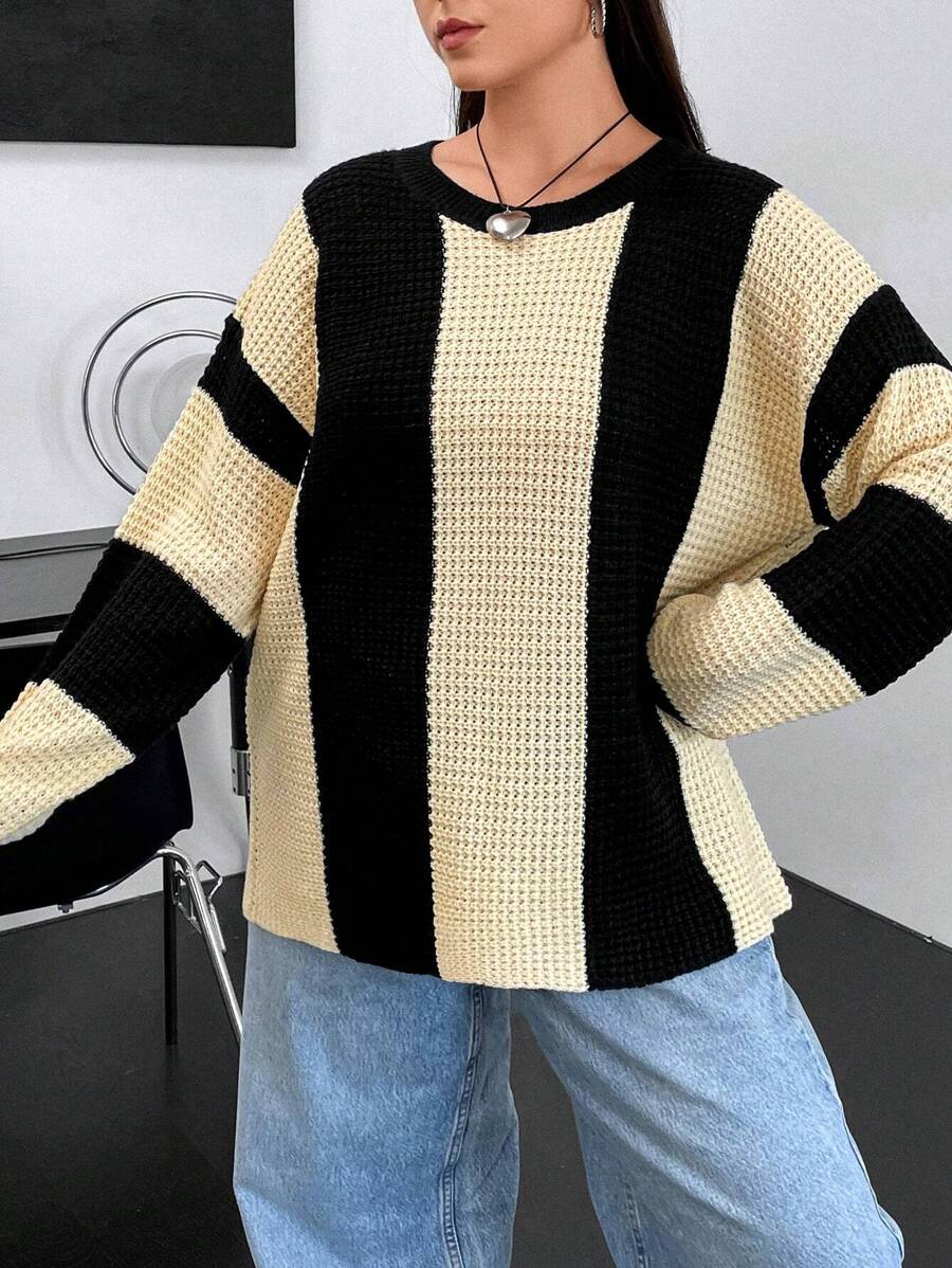 Flirla Plus Two Tone Drop Shoulder Sweater Knit Pullover Fall Winter Sweater - Multicolor - View 1
