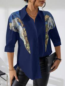 SHEIN Clasi Graphic Print Drop Shoulder Shirt - Navy Blue - View 1