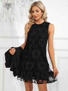 SHEIN Clasi Floral Embroidery Ruffle Hem Mesh Overlay Dress - Black - View 5