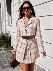 SHEIN Cottnline Plaid Pattern Crop Blazer & Skirt - Apricot - View 1