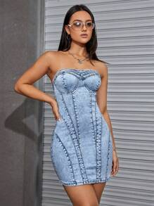 SHEIN EZwear Light Wash Tube Denim Dress - Light Wash - View 1