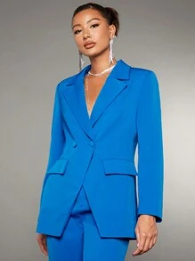 SHEIN BAE Lapel Neck Flap Detail Blazer - Blue - View 4