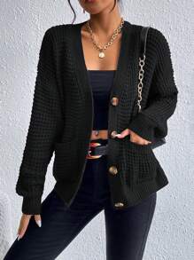 EMERY ROSE Double Pocket Drop Shoulder Cardigan - Black - View 5