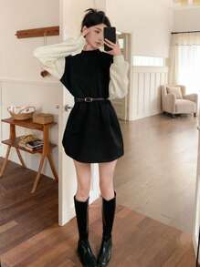 DAZY 撞色袖立领连衣裙，秋装长袖连衣裙 - 黑色 - 查看 4