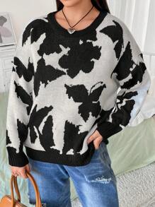 Flirla Plus Butterfly Pattern Drop Shoulder Sweater - Black and White - View 1