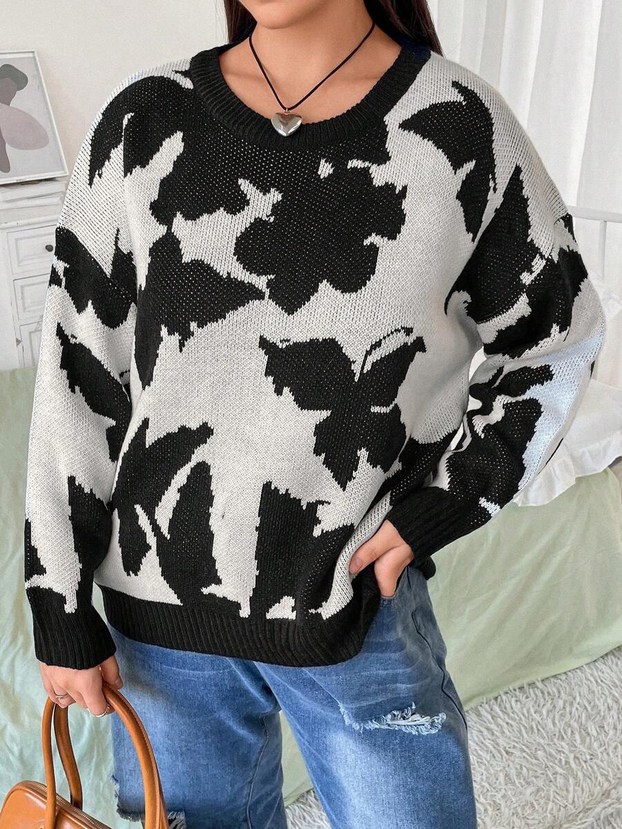 Flirla Plus Butterfly Pattern Drop Shoulder Sweater - Black and White - View 1
