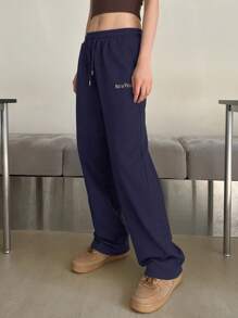 DAZY Embroidery Letter Pattern Drawstring Waist Slant Pocket Sweatpants,Women Joggers - Navy Blue - View 4