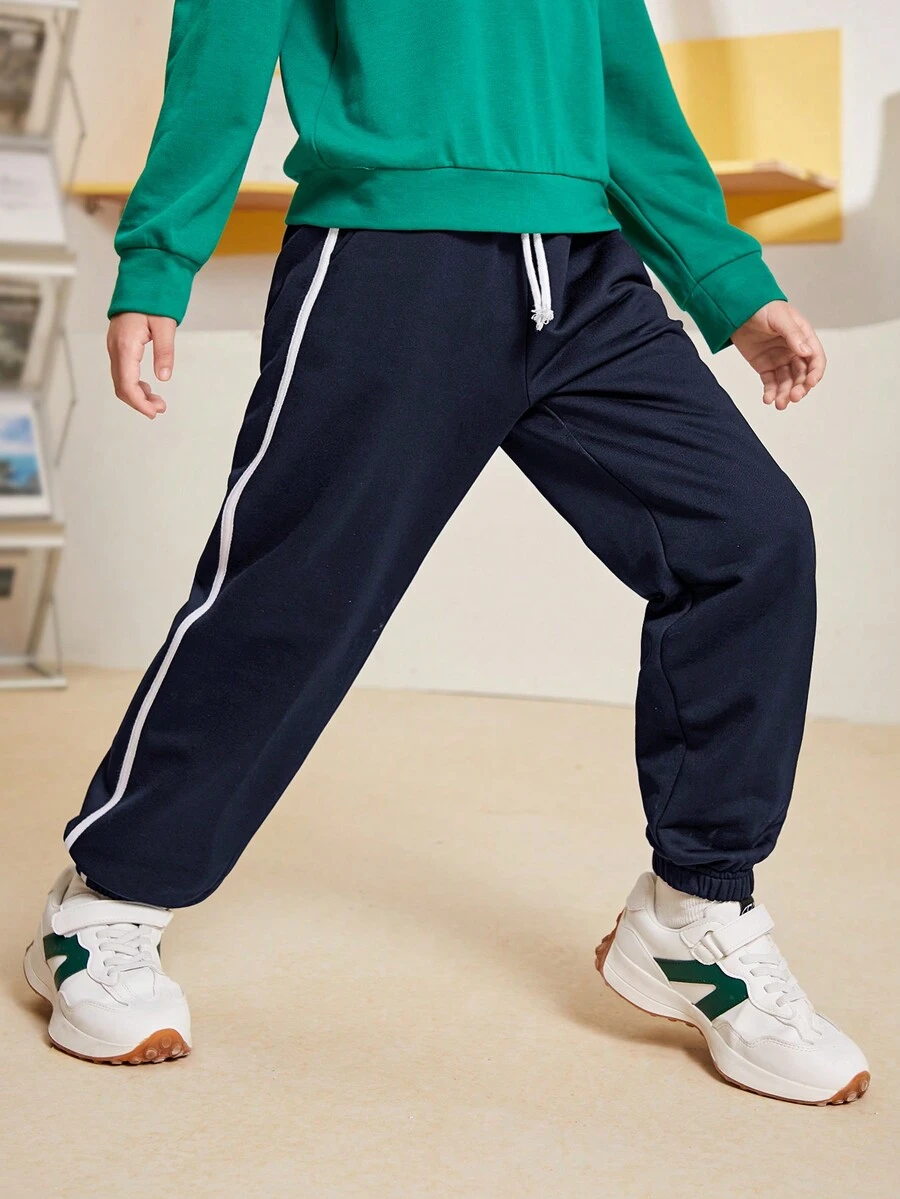 SHEIN Cậu bé Tween Băng tương phản Eo dây rút Quần thể thao - Màu xanh hải quân - Xem 1