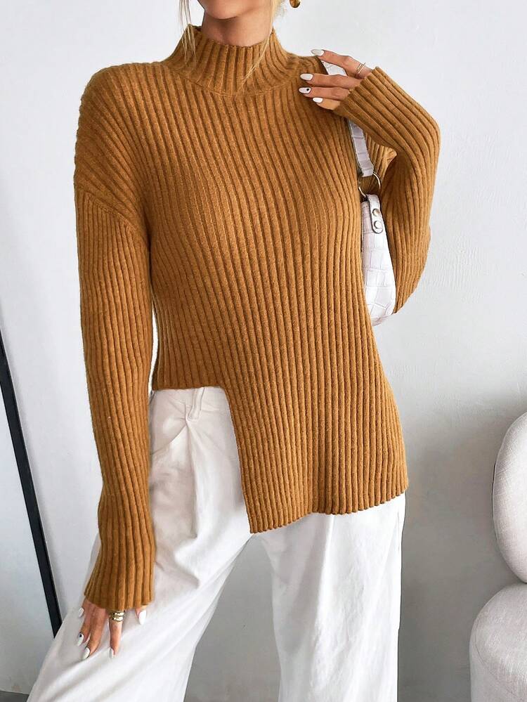 Mock Neck Drop Shoulder Split Hem Sweater
