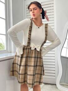 SHEIN EZwear 女性大碼格紋荷葉邊帶洋裝 - 卡其色 - 查看 7