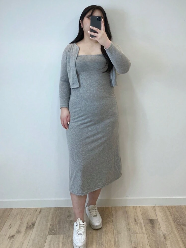 Dazy Petite Plus Solid Dress & Open Front Jacket Lounge Sets For Women