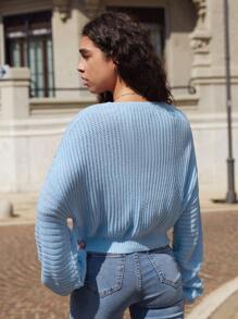 SHEIN MOOSTA Pull col V épaule tombante, Top manches longues tricoté, automne hiver - Bleu azur - Voir 2