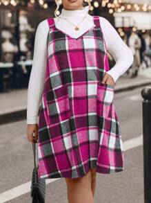 Calvaya Plus Plaid Print Overall Dress Without Sweater - Hot Pink - View 7