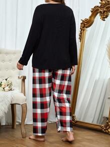 SHEIN 格子印花睡衣套装/家居服套装，舒适优雅的细节设计，秋冬服装，圣诞节 - 彩色 - 查看 2