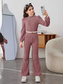 SHEIN Tween Girl Mock Neck Puff Sleeve Rib-knit Tee & Flare Leg Pants Set - Dusty Pink - View 5