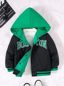 SHEIN Young Boy 1pc Embroidery Letter Pattern Striped Trim Hooded Quilted Coat,In Fall/Winter - Black - View 3