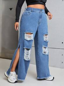 SHEIN ICON Plus Ripped Split Thigh Wide Leg Jeans - Medium Wash - View 3
