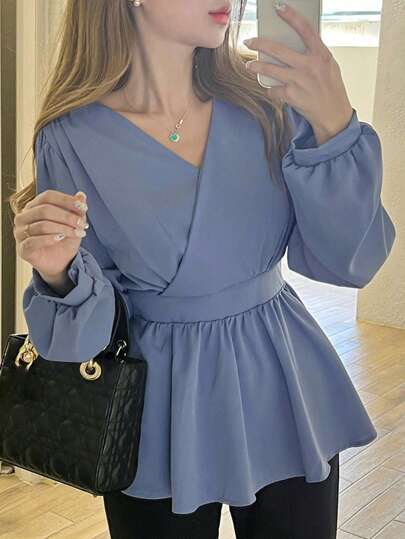 DAZY 1pc Women's Solid Color V-Neck Long Sleeve Ruffle Hem Casual Business Shirt, Autumn,Fall Women Clothes