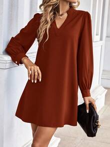 SHEIN LUNE Notch Neck Button Back Dress - Rust Brown - View 5
