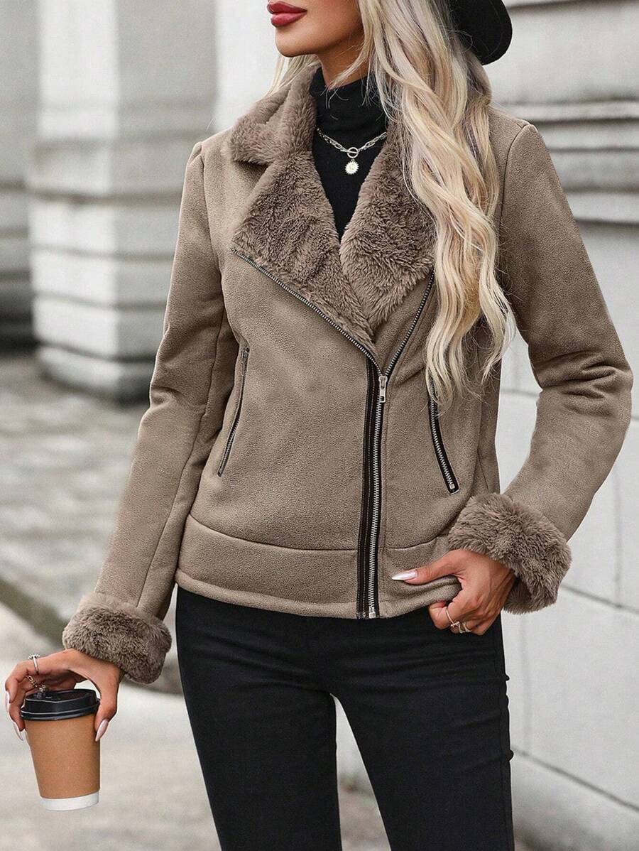 EMERY ROSE Cazadora de moto cuello de borreguito con cremallera