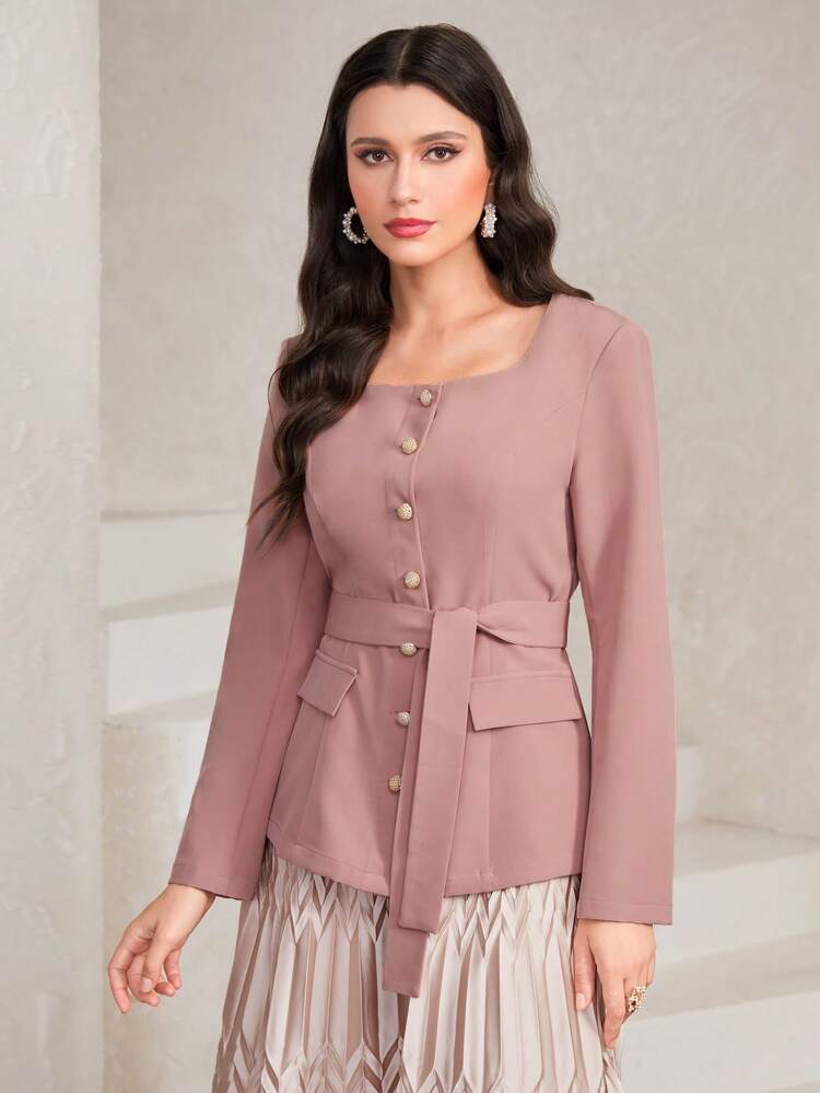 Square Neck Flap Detail Belted Coat Fall Cloth For Women